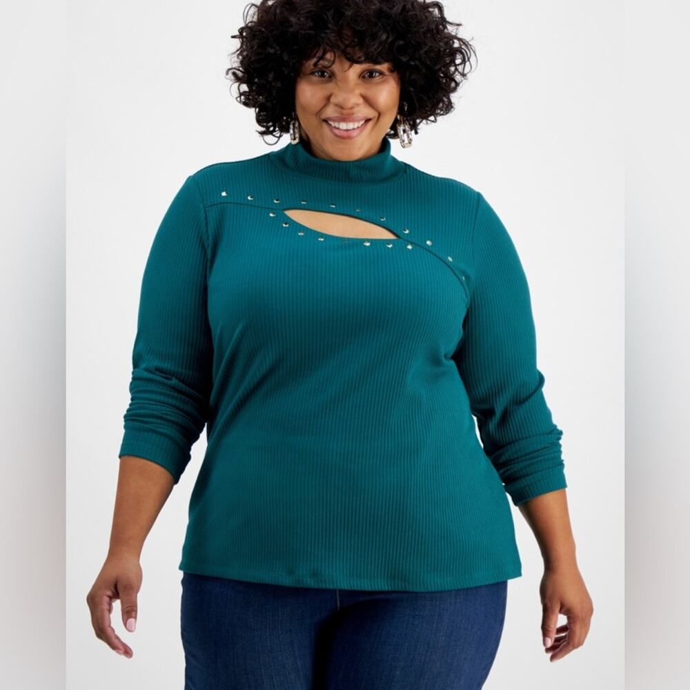 I.n.c. International Concepts Women's Studded Cut-Out Mock-Neck Top in Green